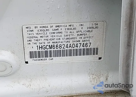 2004 Honda Accord 3.0 Ex из США, поврежденный, VIN 1HGCM66824A047467